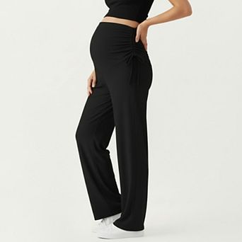 Women' s Maternity Wide Leg Pants with Adjustable Ruched Waist Stretch Knit Fabric