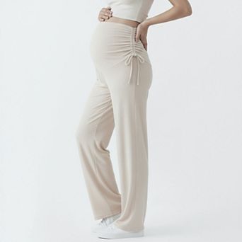 Women' s Maternity Wide Leg Pants with Adjustable Ruched Waist Stretch Knit Fabric