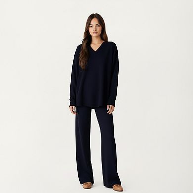 Women' s Maternity Relaxed Fit Long Sleeve V-Neck Top and Soft Wide-Leg Lounge Pants Set