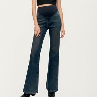 Women' s Maternity Full Panel Flare Jeans with Stretch Knit Belly Band Soft Denim Fabric