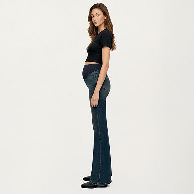 Women' s Maternity Full Panel Flare Jeans with Stretch Knit Belly Band Soft Denim Fabric