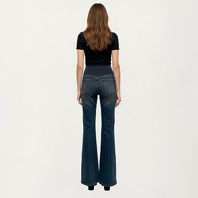 Women' s Maternity Full Panel Flare Jeans with Stretch Knit Belly Band Soft Denim Fabric