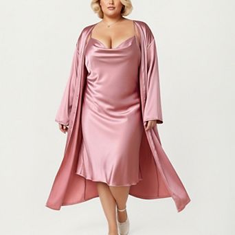 Women' s Satin Slip Dress and Long Robe Set with Elegant Flowing Open Front Layered Design
