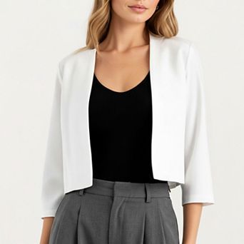 Women' s Open Front Cropped Blazer with 3/4 Sleeves Structured Clean Lines and Soft Fabric