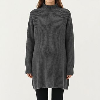 Women' s Maternity Textured Knit Sweater Dress with High Mock Neck Long Sleeve Relaxed Fit