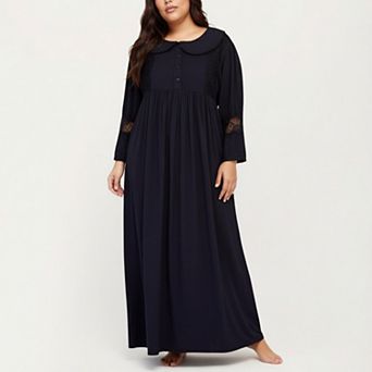 Women' s Long Sleeve Maxi Nightgown with Soft Flowing Fabric and Lace Trim Accents on Sleeves