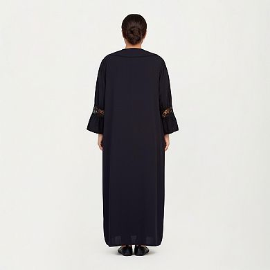 Women' s Long Sleeve Maxi Nightgown with Soft Flowing Fabric and Lace Trim Accents on Sleeves