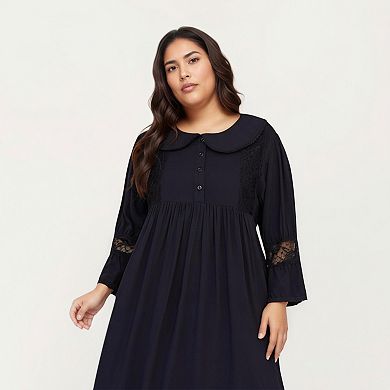 Women' s Long Sleeve Maxi Nightgown with Soft Flowing Fabric and Lace Trim Accents on Sleeves