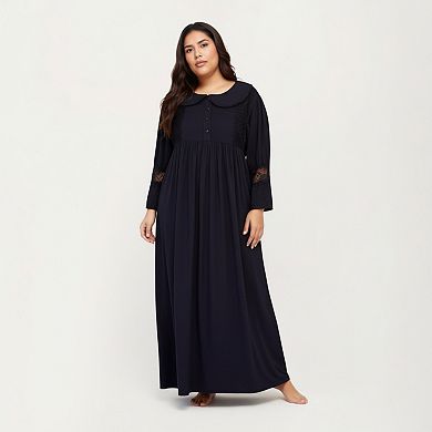 Women' s Long Sleeve Maxi Nightgown with Soft Flowing Fabric and Lace Trim Accents on Sleeves