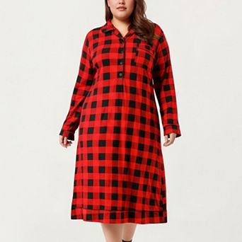 Women' s Plaid Long Sleeve Sleep Shirt with Soft Brushed Texture and Relaxed Loose-Fit Silhouette