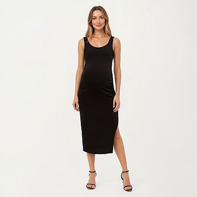Women' s Maternity Tank Midi Dress with Soft Stretch Knit Fabric Flattering Side Ruching
