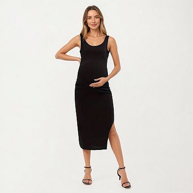 Women' s Maternity Tank Midi Dress with Soft Stretch Knit Fabric Flattering Side Ruching
