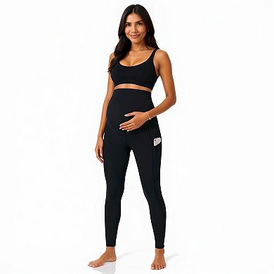Women' s High Waist Maternity Leggings with Over Belly Panel and Side Utility Pockets