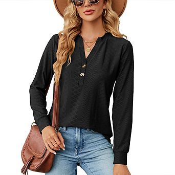 Womens Fall Causal Long Sleeve Button V Neck T-shirt Loose Fit Solid Color Shirt Fashion Top Blouse