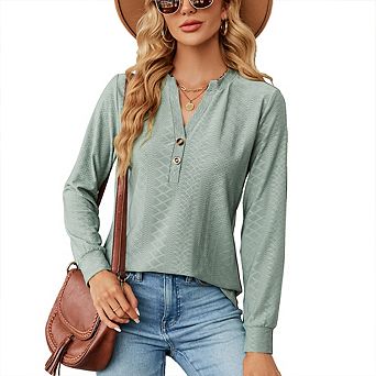 Womens Fall Causal Long Sleeve Button V Neck T-shirt Loose Fit Solid Color Shirt Fashion Top Blouse