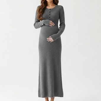 Women' s Ribbed Knit Maternity Maxi Dress with Long Sleeves Soft Stretch Fabric