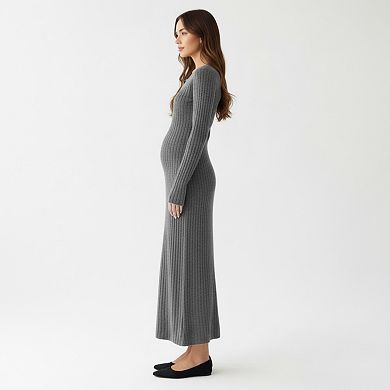 Women' s Ribbed Knit Maternity Maxi Dress with Long Sleeves Soft Stretch Fabric