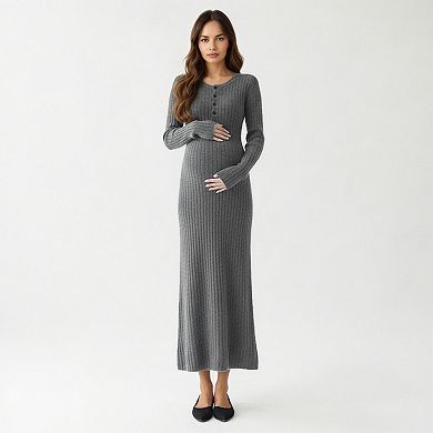 Women' s Ribbed Knit Maternity Maxi Dress with Long Sleeves Soft Stretch Fabric