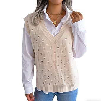 Womens Fall Summer Hollow Out V Neck Sweater Knit Vest Sleeveless Shirt Loose Top Solid Color Blouse