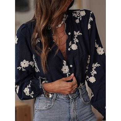 Womens Fall Summer Long Lantern Sleeve Jacquard Casual Shirt Button Tops Ruffle Collar Loose Blouses