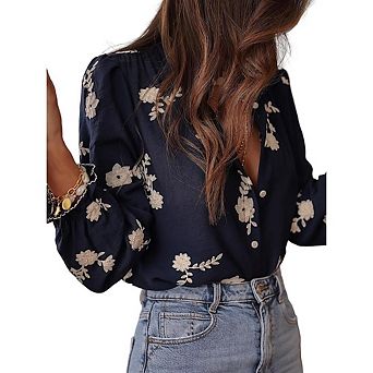 Womens Fall Summer Long Lantern Sleeve Jacquard Casual Shirt Button Tops Ruffle Collar Loose Blouses