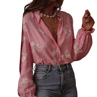 Womens Fall Summer Long Lantern Sleeve Jacquard Casual Shirt Button Tops Ruffle Collar Loose Blouses