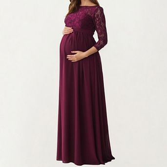 Women' s Lace Bodice Maternity Maxi Dress with Sheer Three-Quarter Sleeves and Soft Flowing Skirt