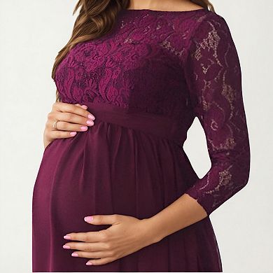 Women' s Lace Bodice Maternity Maxi Dress with Sheer Three-Quarter Sleeves and Soft Flowing Skirt