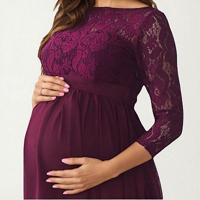 Anna-Kaci Women's Lace Bodice Maternity Maxi Dress with Sheer Three-Quarter Sleeves and Soft Flowing Skirt for Elegant Comfort - Large, Burgundy