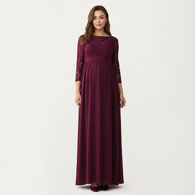 Women' s Lace Bodice Maternity Maxi Dress with Sheer Three-Quarter Sleeves and Soft Flowing Skirt