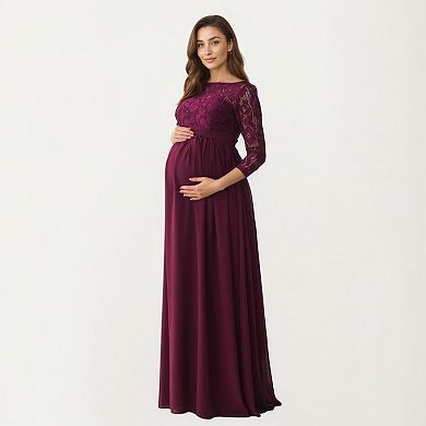 Women' s Lace Bodice Maternity Maxi Dress with Sheer Three-Quarter Sleeves and Soft Flowing Skirt