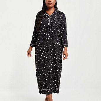 Women' s Heart Print Long Sleeve Maxi Nightgown with Soft Stretch Fabric