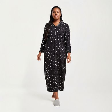 Women' s Heart Print Long Sleeve Maxi Nightgown with Soft Stretch Fabric