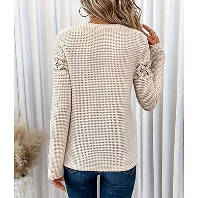 Womens Fall Long Sleeve Lace Patchwork Causal T-shirt Crew Neck Solid Color Shirt Top Blouse