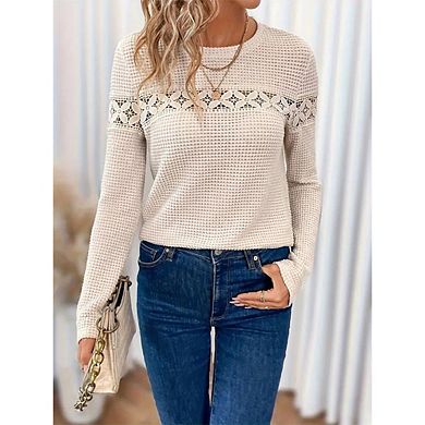 Womens Fall Long Sleeve Lace Patchwork Causal T-shirt Crew Neck Solid Color Shirt Top Blouse