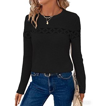 Womens Fall Long Sleeve Lace Patchwork Causal T-shirt Crew Neck Solid Color Shirt Top Blouse