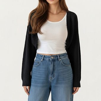 Women' s Cropped Knit Shrug Cardigan with Long Sleeves Soft Textured Rib Fabric