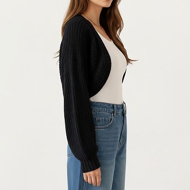 Women' s Cropped Knit Shrug Cardigan with Long Sleeves Soft Textured Rib Fabric