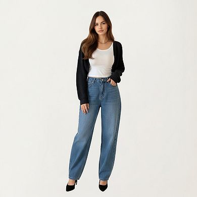 Women' s Cropped Knit Shrug Cardigan with Long Sleeves Soft Textured Rib Fabric