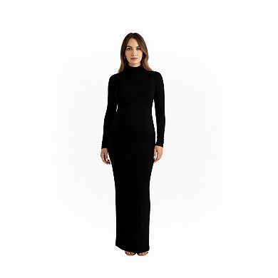 Women' s Long Sleeve Maternity Maxi Dress with Sleek Fitted Silhouette Soft Stretch Fabric
