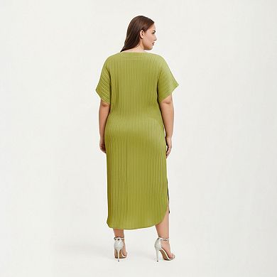 Women's Pleated Midi Dress with Soft Flowing Texture and Adjustable Fabric Tie Waist Belt