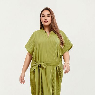 Women's Pleated Midi Dress with Soft Flowing Texture and Adjustable Fabric Tie Waist Belt