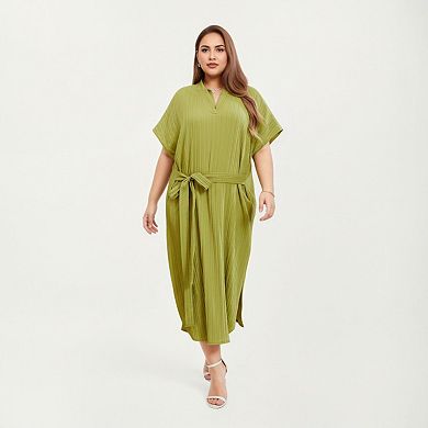 Women's Pleated Midi Dress with Soft Flowing Texture and Adjustable Fabric Tie Waist Belt