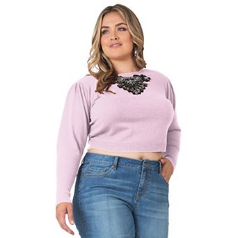 Plus Size Statement Necklace Trim Cropped Style Cashmere Sweater