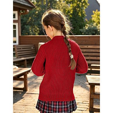 Girls Cable Knit Cardigan Sweater V-Neck Long Sleeve Button Front with Pockets