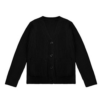 Girls Cable Knit Cardigan Sweater V-Neck Long Sleeve Button Front with Pockets