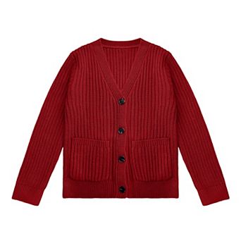 Girls Cable Knit Cardigan Sweater V-Neck Long Sleeve Button Front with Pockets