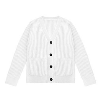 Girls Cable Knit Cardigan Sweater V-Neck Long Sleeve Button Front with Pockets