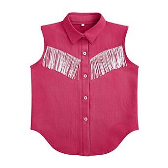 Girls Fringe Shirt Sleeveless Button Down Western Cowgirl Tassel Trim Casual Blouse Shirt Top