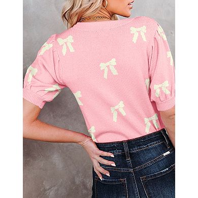 Women's Short Puff Sleeve Sweater Knit Top with Bow Print